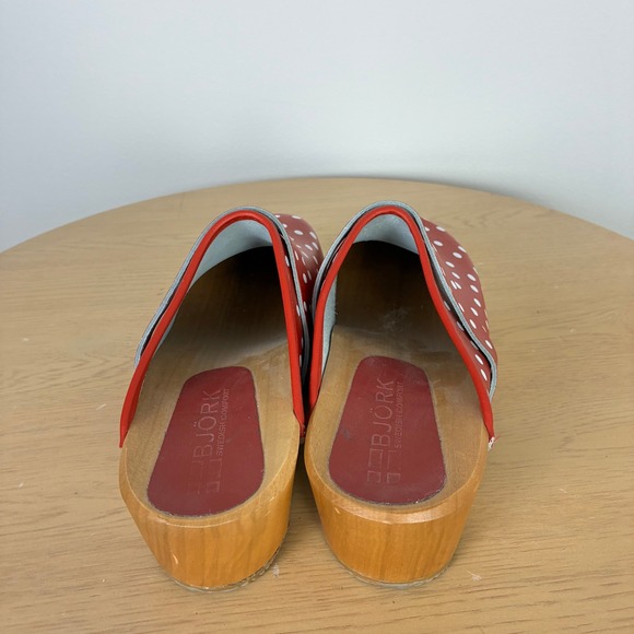 Bjork Swedish Comfort Emma Red Polka Dot Leather Wooden Clogs Women's 39 - Picture 5 of 8
